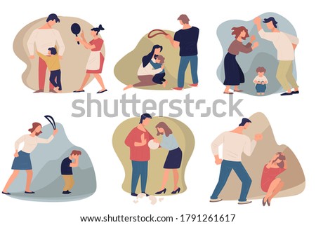 People quarreling and fighting before children, domestic violence and aggression in homes. Anger and hatred. Scared and frightened child, dad beating mother. Mom with leather belt vector in flat style Royalty-Free Stock Photo #1791261617