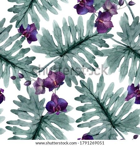 Beautiful seamless pattern with watercolor tropical leaves and orchid flowers. Stock illustration