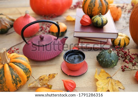  Thanksgiving . Cozy autumn tea party. International Book Day. Writer's day.Cup with tea, red teapot, books, assorted pumpkins set, autumn yellow leaves on a wooden table in the garden.picnic