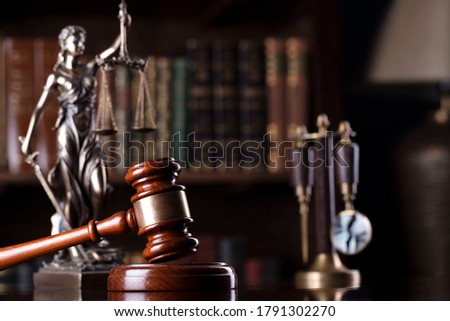 Attorney at law concept. Justice symbols composition. 