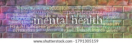 Mental Health Awareness Campaign Brick wall Graffiti Banner -  wide rainbow coloured brickwall with the words MENTAL HEALTH surrounded by a relevant word cloud 
