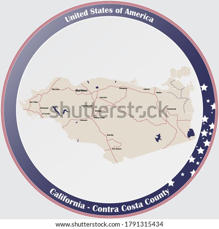 Round button with detailed map of Contra Costa County in California, USA. Royalty-Free Stock Photo #1791315434