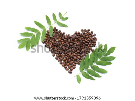 Top view on the coffee beans with leaves on white stock photo