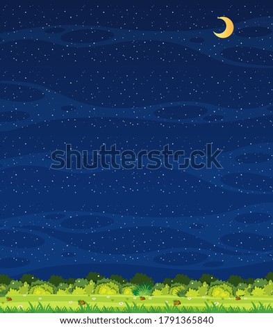Vertical nature scene or landscape countryside with meadow view and blank sky at night illustration