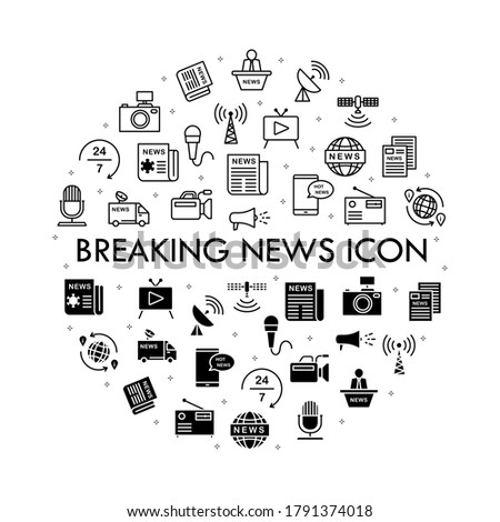 Set of news, journalism, media icons including newspaper, microphone, camera, breaking news, article broadcasting
