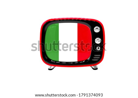 The retro old TV is isolated against a white background with the flag of Italy