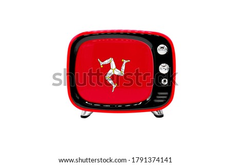 The retro old TV is isolated against a white background with the flag of Isle Of Man