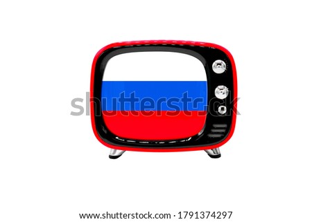 The retro old TV is isolated against a white background with the flag of Russia
