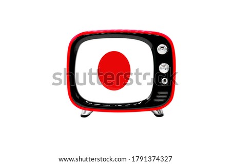 The retro old TV is isolated against a white background with the flag of Japan