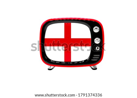 The retro old TV is isolated against a white background with the flag of England