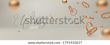 Wedding salon concept illustration. Vector composition with flying 3d wedding golden rings. Horizontal banner, poster, header Royalty-Free Stock Photo #1791410627
