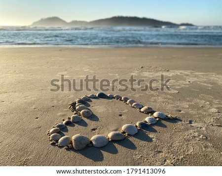 heart made of sea shells on campeche beach in Florianópolis / Brazil. Sunrise