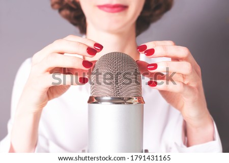 Unrecognizable girl is about to do ASMR microphone scratching and nail tapping. Trigger sounds for stress and anxiety attack relief, good sleep.