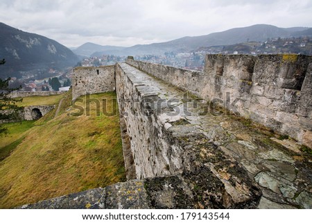Landscape from protective walls of the historical fortress in the city Jajce in Bosnia and Herzegovina. 