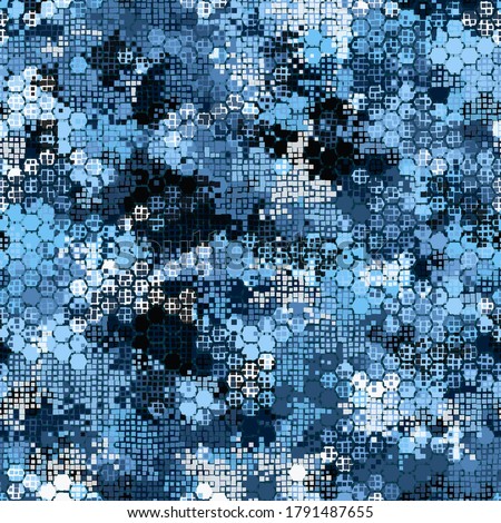 Camouflage seamless pattern with sky blue hexagonal endless geometric camo ornament. Abstract modern airforce military style background. Template for fabric and fashion print. Vector illustration