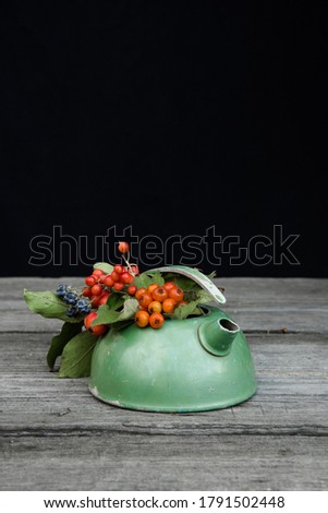 vintage kettle decorated with blackberries, potassium hawthorn and wild apple