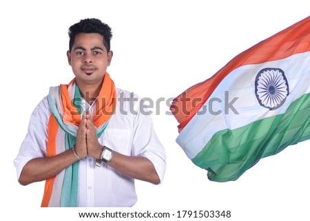 indian man with Indian Flag,  Indian man wearing tricolor Muffler, happy independence day, happy republic day