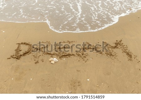 The inscription "dream" on the sea sand with the incoming wave. Sandy beach with waves.