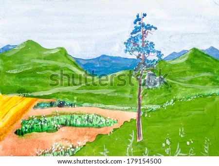 Mountain landscape with field and trees painted by watercolor.