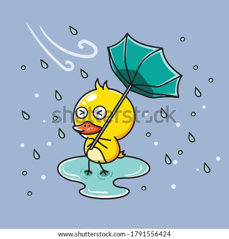 Cute duck in raining days with inverted umbrella illustration