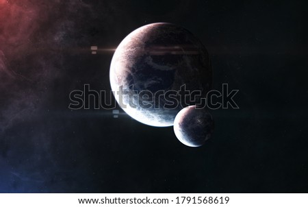 Deep space planets in blue and red light. Science fiction. Elements of this image furnished by NASA