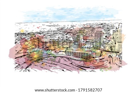 Building view with landmark of Akron is a city in Ohio. Watercolor splash with hand drawn sketch illustration in vector.