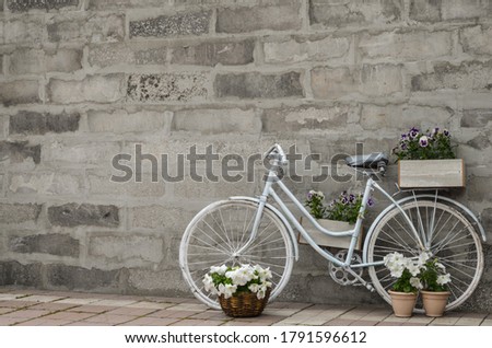 Vintage white bicycle against a background of a concrete wall with boxes and pots with white and purple flowers on the right.