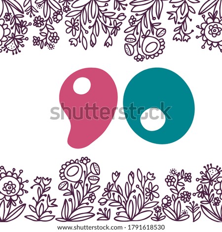 Isolated vector design number 90 card with floral ornament frame in blue tones on white. The design is perfect for cards, decorations, invitations, postcards, stickers.