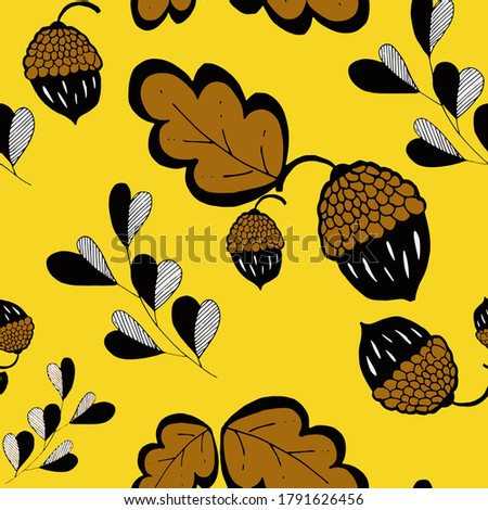 Bright floral decorative seamless pattern withhand-drawn leaves and nuts, acorns