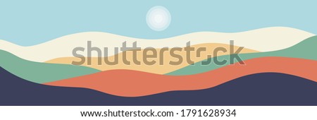Beautiful landscape. Flat style. Long hills and mountains scenery background design. Vector illustration. Suitable for landing pages, web, wall painting and posters. Royalty-Free Stock Photo #1791628934