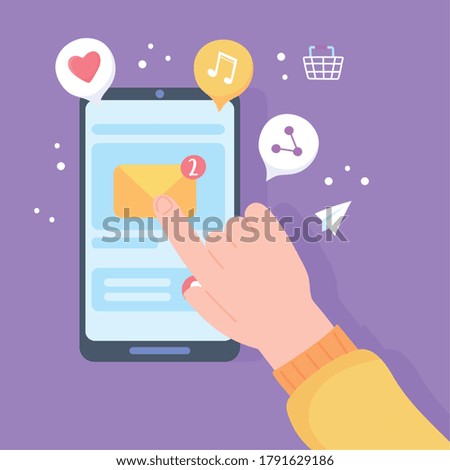 hand touching display mobile email receiving, social network communication system and technologies vector illustration