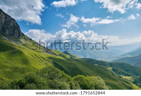 High Rocky Mountains and blue sky Landscape in Abkhazia Summer Travel serene scenic view