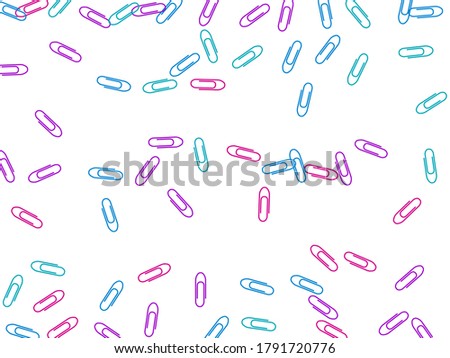 Office colored paper clips isolated on white vector background. Pink crimson, blue, violet paperclips memo note and documents staple attach tools illustration. Plastic paperclips backdrop.