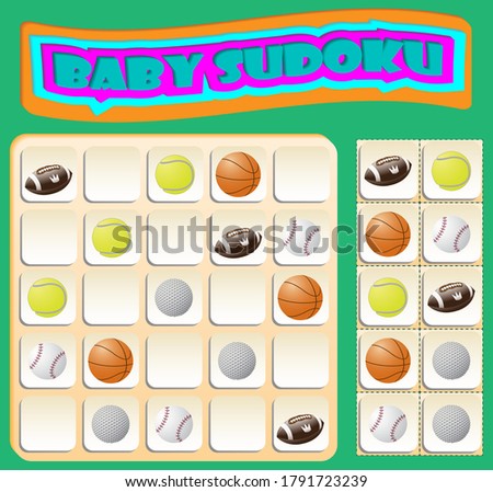 Baby Sudoku with colorful sports balls. Game for preschool kids, training logic