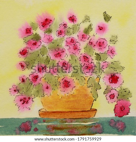 An original watercolor painting by Robbin Siembieda.  An orange clay pot on a yellow background with pink flowers and green foilage.