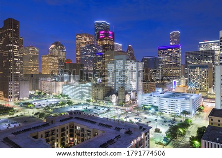 Houston, Texas, USA downtown cityscape at dusk in the financial district.