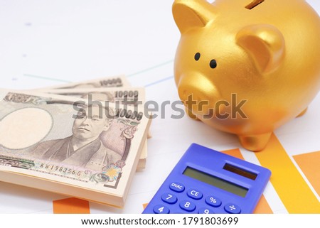 This is a picture of a golden piggy bank and Japanese banknotes.