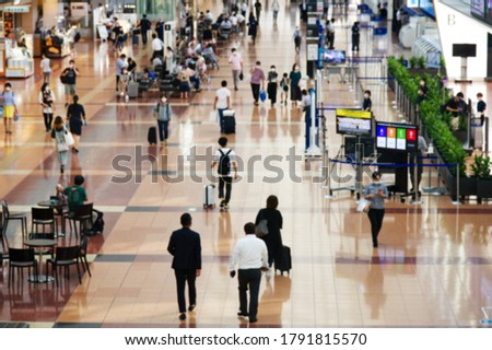 Abstract blurred of safe travel, new standard protocol traveling by plane and airport atmosphere after COVID-19 or post COVID-19  background. Due to the COIVD-19, the personal hygiene is priority.   Royalty-Free Stock Photo #1791815570