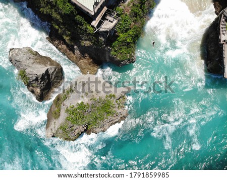 Bird's flight view on the cliffs and amazing place for surfing, Salaban beach, Bali, Indonesia.