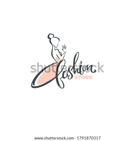 vector  fashion boutique and store logo, label, emblem with  fashionable woman silhouette and lettering composition