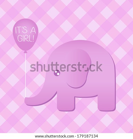Illustration of a cute pink elephant holding an "it's a girl" balloon. Eps 8 Vector.