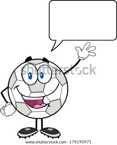 Happy Soccer Ball Cartoon Character Waving For Greeting With Speech Bubble. Vector Illustration Isolated on white