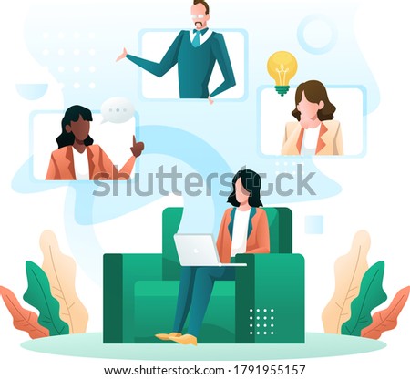 Virtual conference call of a business group meeting, Work from home concept, Girl with colleagues,  Suitable for web landing page, ui, mobile app, banner template. Vector Illustration 