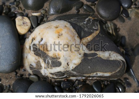 A closeup view of some rounded grey rocks and pebbles found on a Welsh beach.