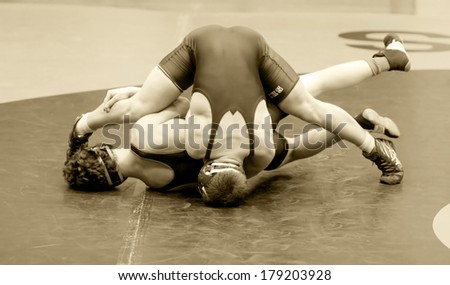 Two Men Battle for Control in Wrestling Match