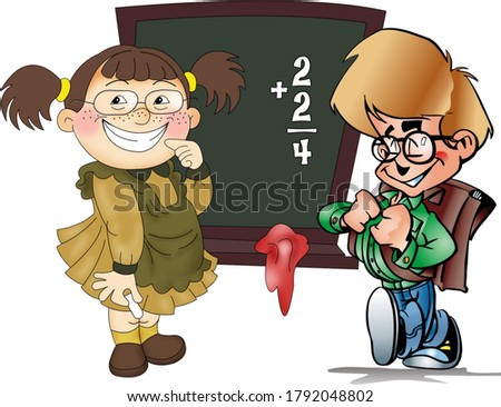 children at school at the blackboard, illustration on white background