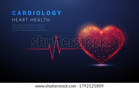 Abstract heart shape with red cardio puls line. Low poly style design. Abstract geometric background. Wireframe light connection structure. Modern blue 3d graphic concept. Isolated vector illustration Royalty-Free Stock Photo #1792125809