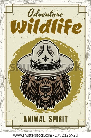 Wild animal vector decorative poster with grizzly bear head in vintage style. Illustration with sample text and grunge textures on separate layers