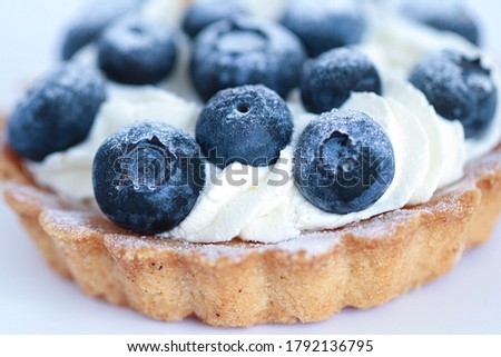 Close-up dough tartlet with creamy white cream and sweet blueberry. On a white background.