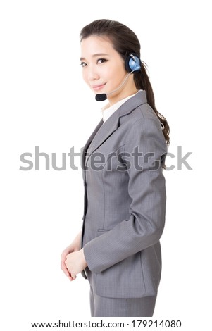 Attractive young business woman with a headphone, closeup portrait on white background.